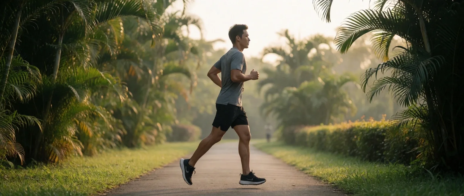 A man running outdoors along a tropical path in early morning light