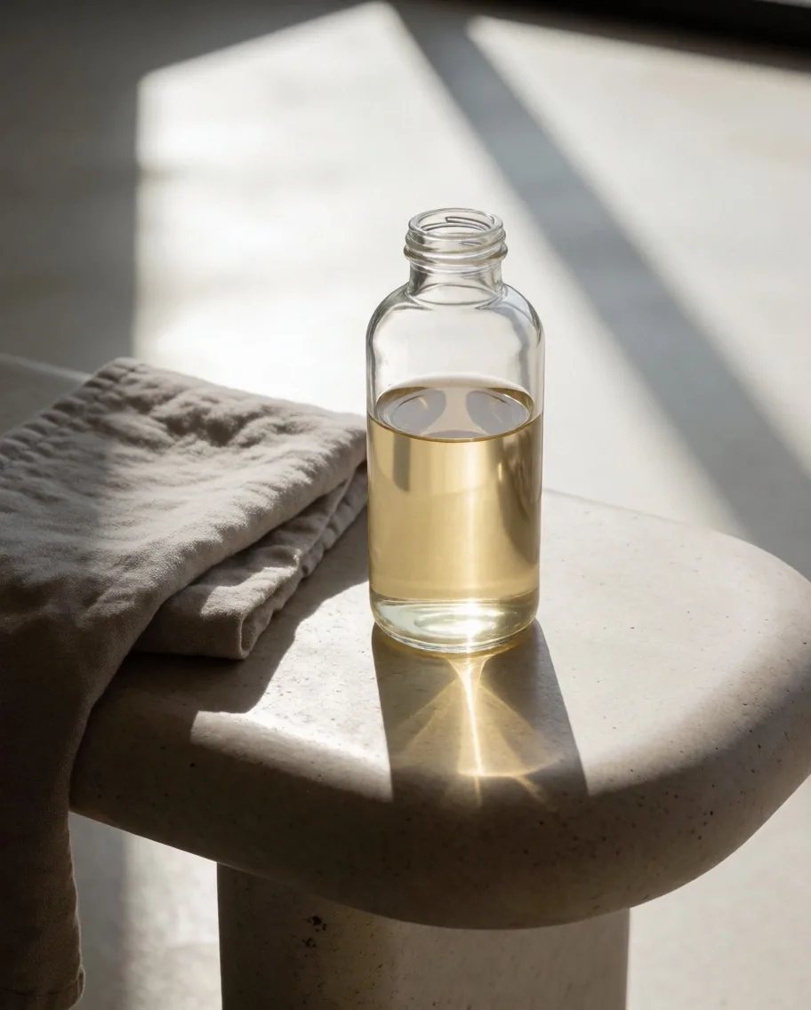 A supplement shaker bottle on a bench beside a towel and dumbbell