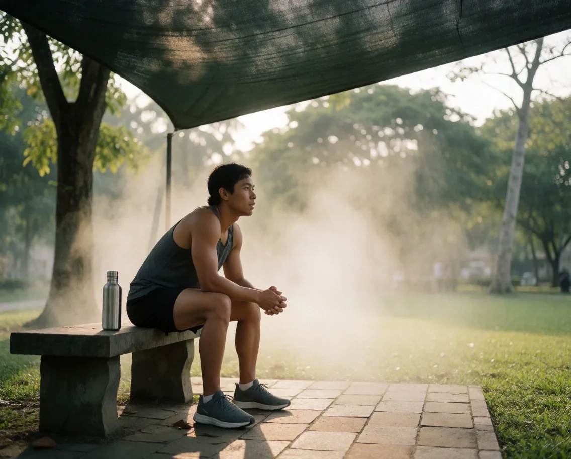 A man resting under tree shade after exercising in a tropical park