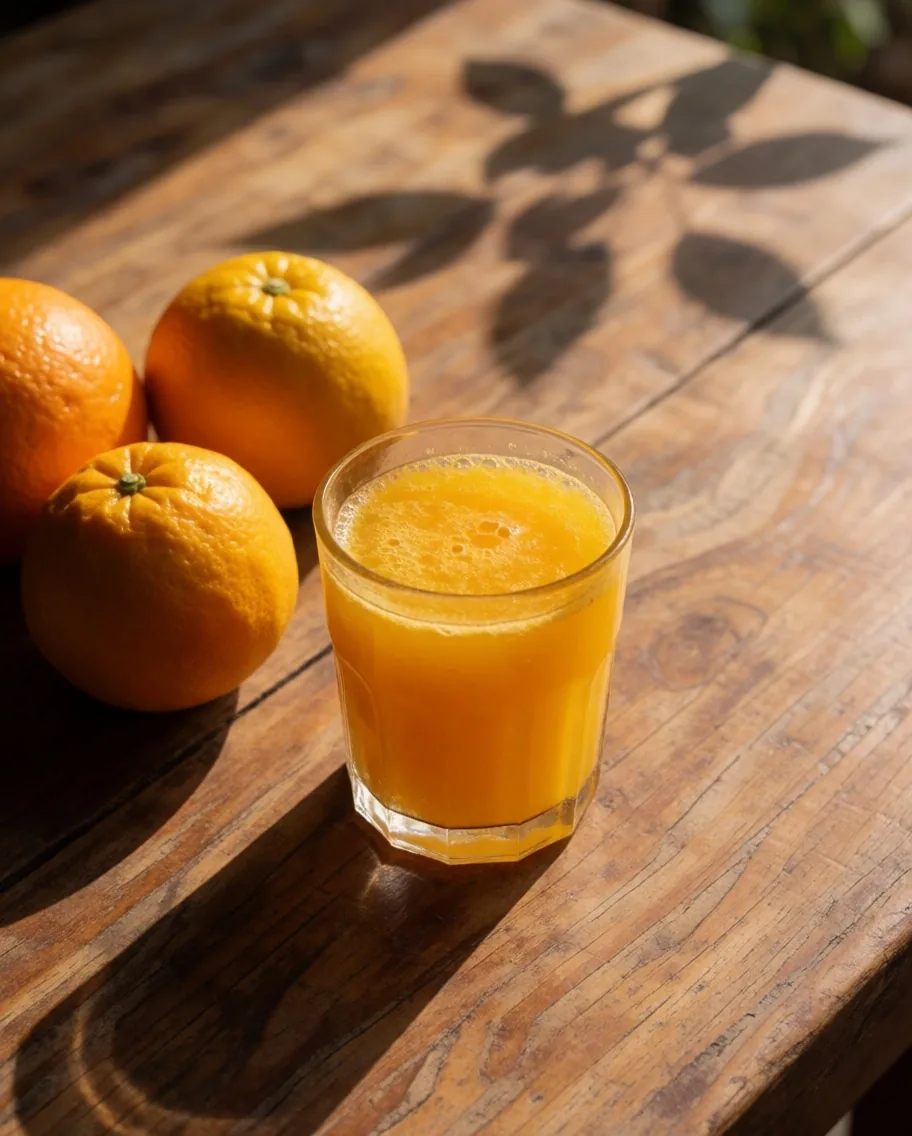 Fresh oranges and a glass of juice on a wooden surface