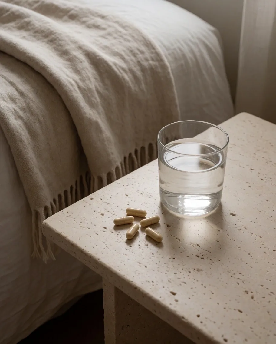 Natural supplement capsules beside a glass of water on a wooden tray