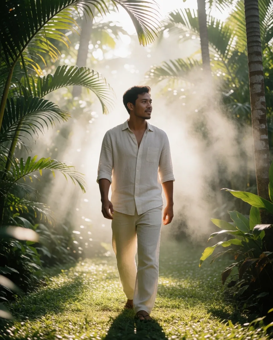Man walking outdoors in tropical morning light