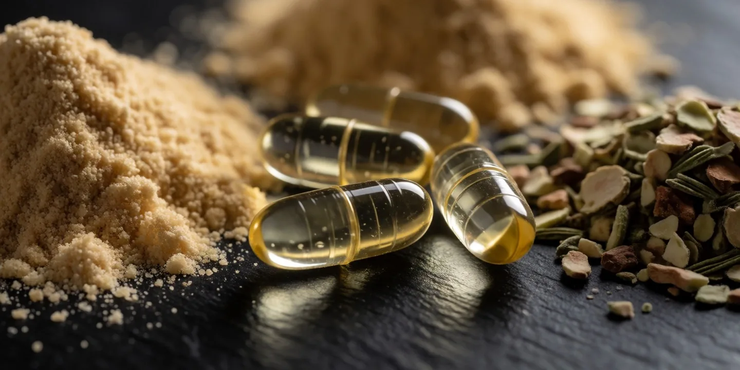 Supplement capsules and loose herbs on dark stone