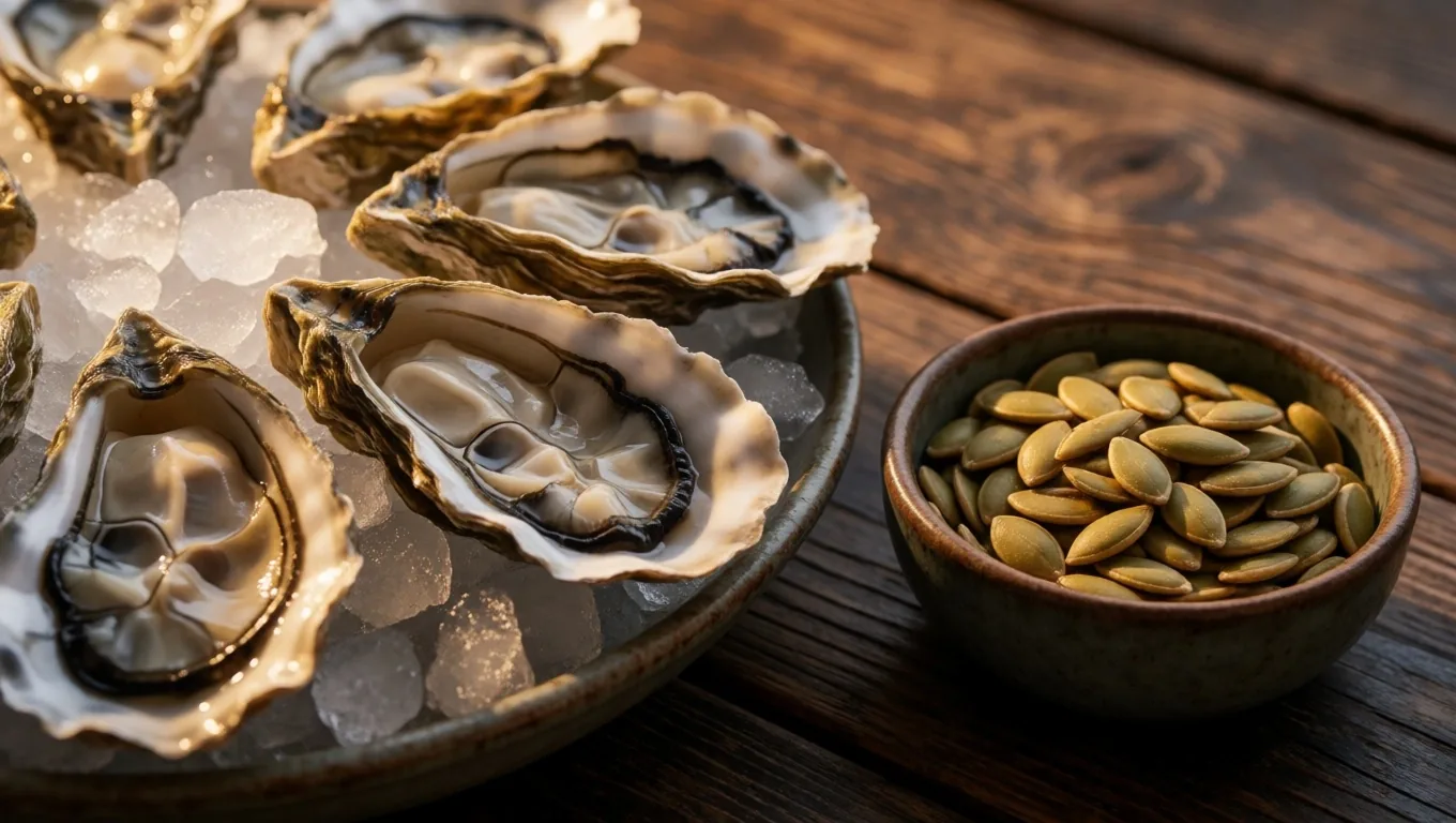 Zinc-rich whole foods including oysters, pumpkin seeds, and cashels